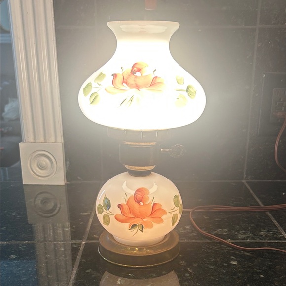 Hand-Painted Floral Milk Glass Table Lamp - Orange Rose - Picture 5 of 6